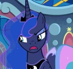 Size: 736x701 | Tagged: safe, screencap, princess luna, alicorn, pony, g4, sparkle's seven, animated, cropped, cute, expressions, female, gif, luna is not amused, lunabetes, mare, offscreen character, pouting, throne room, unamused