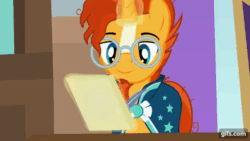 Size: 640x360 | Tagged: safe, artist:agrol, sunburst, pony, unicorn, g4, animated, clothes, gifs.com, glasses, glowing horn, horn, i can't believe it's not hasbro studios, magic, male, paper, quill, robe, stallion, sunburst's cloak, sunburst's glasses, telekinesis, watermark, writing