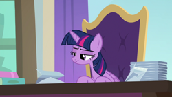 Size: 1920x1080 | Tagged: safe, screencap, twilight sparkle, alicorn, pony, a horse shoe-in, g4, female, folded wings, frown, lidded eyes, mare, solo, twilight sparkle (alicorn), wings