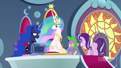 Size: 1280x720 | Tagged: safe, screencap, princess celestia, princess luna, spike, starlight glimmer, dragon, g4, memories and more, my little pony: friendship is forever, book, winged spike, wings