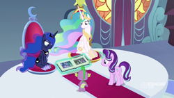 Size: 1280x720 | Tagged: safe, screencap, princess celestia, princess luna, rarity, spike, starlight glimmer, twilight sparkle, alicorn, dragon, pony, g4, memories and more, my little pony: friendship is forever, book, twilight sparkle (alicorn), winged spike, wings