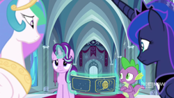 Size: 1280x720 | Tagged: safe, screencap, princess celestia, princess luna, spike, starlight glimmer, dragon, g4, memories and more, my little pony: friendship is forever, book, winged spike, wings