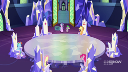 Size: 1280x720 | Tagged: safe, screencap, applejack, fluttershy, pinkie pie, rainbow dash, rarity, spike, starlight glimmer, dragon, g4, memories and more, my little pony: friendship is forever, cutie map, throne room, twilight's castle, winged spike, wings