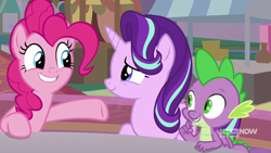 Size: 1280x720 | Tagged: safe, screencap, pinkie pie, spike, starlight glimmer, dragon, g4, memories and more, my little pony: friendship is forever, winged spike, wings