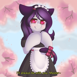 Size: 3840x3840 | Tagged: safe, artist:xcinnamon-twistx, oc, oc only, oc:cinnamon twist, cat, cat pony, original species, pony, apron, bow, cherry blossoms, cherry trees, clothes, cute, female, flower, flower blossom, heart eyes, high res, maid, mare, master, pet play, petals, sky, smiling, solo, talking, wingding eyes