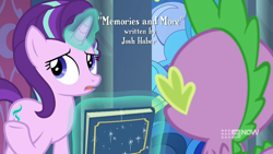 Size: 1920x1080 | Tagged: safe, screencap, spike, starlight glimmer, dragon, pony, unicorn, g4, memories and more, spoiler:memories and more, spoiler:mlp friendship is forever, 9now, book, credits, female, josh haber, magic, male, scrapbook, title, winged spike, wings