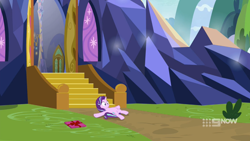 Size: 1920x1080 | Tagged: safe, screencap, starlight glimmer, pony, unicorn, g4, memories and more, my little pony: friendship is forever, season 9, the last problem, castle, female, lying down, mare, on back, present, solo