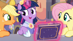Size: 1920x1080 | Tagged: safe, screencap, applejack, fluttershy, twilight sparkle, alicorn, earth pony, pegasus, pony, g4, memories and more, spoiler:memories and more, spoiler:mlp friendship is forever, canterlot, clothes, coronation dress, crown, dress, jewelry, magic, regalia, scrapbook, twilight sparkle (alicorn)