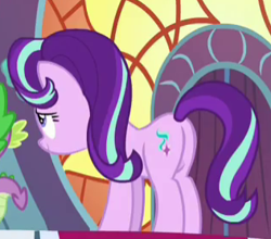 Size: 316x278 | Tagged: safe, screencap, spike, starlight glimmer, dragon, pony, unicorn, g4, memories and more, my little pony: friendship is forever, butt, cropped, female, mare, plot, solo focus, winged spike, wings