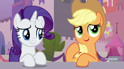 Size: 1280x720 | Tagged: safe, screencap, applejack, rarity, earth pony, pony, unicorn, g4, memories and more, my little pony: friendship is forever, the last problem, applejack's hat, cowboy hat, hat, looking at someone, raised hoof, smiling, table