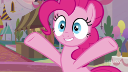 Size: 1280x720 | Tagged: safe, screencap, pinkie pie, earth pony, pony, g4, memories and more, the last problem, spoiler:memories and more, spoiler:mlp friendship is forever, female, mare, raised hooves, smiling, solo, table, wide eyes