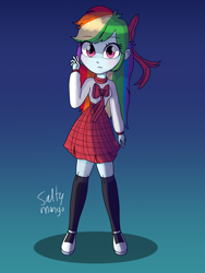 Size: 1536x2048 | Tagged: safe, artist:saltymango, rainbow dash, equestria girls, g4, alternate clothes, alternate hairstyle, anime style, bow, clothes, cute, female, looking at you, solo, uniform