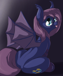 Size: 1444x1744 | Tagged: safe, artist:t72b, derpibooru exclusive, oc, oc only, oc:bitmaker, bat pony, pony, :p, bat pony oc, bat wings, behind, glasses, looking at you, looking back, looking back at you, male, mlem, silly, sitting, smiling, solo, stallion, tongue out, wings