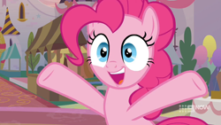 Size: 1280x720 | Tagged: safe, screencap, pinkie pie, earth pony, pony, g4, memories and more, my little pony: friendship is forever, 9now, beautiful, cute, diapinkes, female, happy, mare, open mouth, raised hooves, smiling, solo, wide eyes