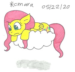 Size: 926x883 | Tagged: safe, artist:cmara, fluttershy, pegasus, pony, g4, cloud, female, mare, scared, solo, traditional art