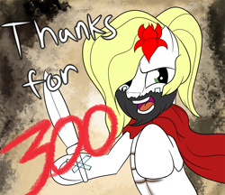 Size: 1000x864 | Tagged: safe, artist:trash anon, oc, oc only, oc:epithumia, earth pony, pony, 300, bipedal, bodypaint, cape, clothes, fake beard, fake sword, female, flower, flower in hair, follower count, milestone, open mouth, parody, scowl, simple background, tape, thanks, tongue out