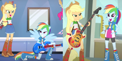 Size: 1006x508 | Tagged: safe, applejack, pinkie pie, rainbow dash, a case for the bass, equestria girls, g4, guitar centered, my little pony equestria girls: rainbow rocks, boots, cheering, clothes, compression shorts, cowboy boots, cowboy hat, cowgirl, denim skirt, duo, electric guitar, female, freckles, guitar, happy, hat, musical instrument, saxaphone, shipping fuel, shoes, shorts, shorts under skirt, skirt, smiling, wristband