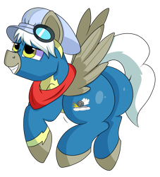Size: 851x939 | Tagged: safe, artist:rainbowtashie, oc, oc:air brakes, earth pony, pegasus, pony, butt, clothes, commissioner:bigonionbean, conductor hat, cutie mark, extra thicc, flank, fusion, fusion:caboose, goggles, hat, male, plot, scarf, simple background, stallion, the ass was fat, transparent background, uniform, wonderbolts, wonderbolts uniform, writer:bigonionbean