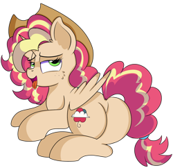 Size: 908x880 | Tagged: safe, artist:rainbowtashie, oc, oc:queen motherly morning, alicorn, pony, alicorn oc, alicorn princess, aroused, bedroom eyes, butt, commissioner:bigonionbean, cowboy hat, cutie mark, drool, extra thicc, female, flank, fusion, fusion:applejack, fusion:pinkie pie, fusion:rainbow dash, fusion:sunset shimmer, hat, horn, mare, plot, presenting, presenting butt, simple background, stetson, tail, tail aside, the ass was fat, transparent background, wings, writer:bigonionbean