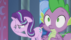 Size: 1280x720 | Tagged: safe, screencap, spike, starlight glimmer, dragon, pony, unicorn, g4, memories and more, spoiler:memories and more, spoiler:mlp friendship is forever, 9now, duo, shocked, shrunken pupils, winged spike, wings, worried