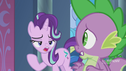 Size: 1280x720 | Tagged: safe, screencap, spike, starlight glimmer, dragon, pony, unicorn, g4, memories and more, spoiler:memories and more, spoiler:mlp friendship is forever, 9now, duo, looking at each other, magic, mid-blink screencap, telekinesis, winged spike, wings