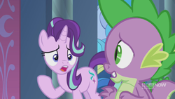 Size: 1280x720 | Tagged: safe, screencap, spike, starlight glimmer, dragon, pony, unicorn, g4, memories and more, spoiler:memories and more, spoiler:mlp friendship is forever, 9now, duo, looking at each other, winged spike, wings