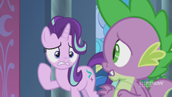 Size: 1280x720 | Tagged: safe, screencap, spike, starlight glimmer, dragon, pony, unicorn, g4, memories and more, spoiler:memories and more, spoiler:mlp friendship is forever, 9now, duo, looking at each other, winged spike, wings, worried