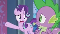 Size: 1280x720 | Tagged: safe, screencap, spike, starlight glimmer, dragon, pony, unicorn, g4, memories and more, my little pony: friendship is forever, 9now, duo, looking at each other, winged spike, wings, worried
