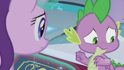 Size: 1280x720 | Tagged: safe, screencap, spike, starlight glimmer, dragon, pony, unicorn, g4, memories and more, spoiler:memories and more, spoiler:mlp friendship is forever, 9now, book, duo, levitation, magic, magic aura, scrapbook, telekinesis, winged spike, wings, worried