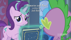 Size: 1280x720 | Tagged: safe, screencap, spike, starlight glimmer, dragon, pony, unicorn, g4, memories and more, my little pony: friendship is forever, 9now, book, duo, levitation, looking at you, magic, magic aura, scrapbook, telekinesis, winged spike, wings, worried