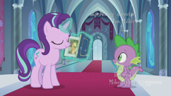 Size: 1280x720 | Tagged: safe, screencap, spike, starlight glimmer, dragon, pony, unicorn, g4, memories and more, my little pony: friendship is forever, 9now, book, eyes closed, levitation, magic, magic aura, scrapbook, smiling, telekinesis, winged spike, wings