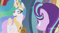 Size: 1280x720 | Tagged: safe, screencap, princess celestia, starlight glimmer, alicorn, pony, unicorn, g4, memories and more, my little pony: friendship is forever, 9now, duo, looking at each other, magic, magic aura