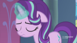 Size: 1280x720 | Tagged: safe, screencap, starlight glimmer, pony, unicorn, g4, memories and more, my little pony: friendship is forever, 9now, blurry, eyes closed, female, magic, mare, sad, solo