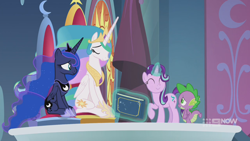 Size: 1280x720 | Tagged: safe, screencap, princess celestia, princess luna, spike, starlight glimmer, alicorn, dragon, pony, unicorn, g4, memories and more, spoiler:memories and more, spoiler:mlp friendship is forever, 9now, book, eyes closed, levitation, looking at each other, magic, magic aura, scrapbook, smiling, telekinesis, winged spike, wings