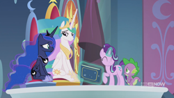Size: 1280x720 | Tagged: safe, screencap, princess celestia, princess luna, spike, starlight glimmer, alicorn, dragon, pony, unicorn, g4, memories and more, my little pony: friendship is forever, 9now, book, eyes closed, levitation, looking at each other, magic, magic aura, scrapbook, smiling, telekinesis, winged spike, wings