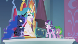 Size: 1280x720 | Tagged: safe, screencap, princess celestia, princess luna, spike, starlight glimmer, alicorn, dragon, pony, unicorn, g4, memories and more, my little pony: friendship is forever, 9now, book, levitation, looking at each other, magic, magic aura, scrapbook, smiling, telekinesis, winged spike, wings