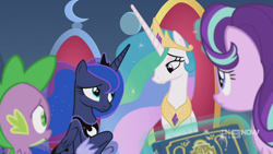 Size: 1280x720 | Tagged: safe, screencap, princess celestia, princess luna, spike, starlight glimmer, alicorn, dragon, pony, unicorn, g4, memories and more, my little pony: friendship is forever, 9now, book, levitation, looking at each other, magic, magic aura, sad, scrapbook, telekinesis, winged spike, wings