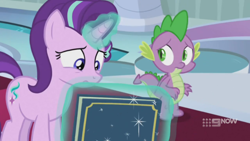 Size: 1280x720 | Tagged: safe, screencap, spike, starlight glimmer, dragon, pony, unicorn, g4, memories and more, my little pony: friendship is forever, 9now, book, duo, levitation, magic, magic aura, scrapbook, telekinesis, winged spike, wings, worried
