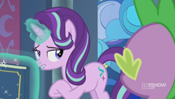 Size: 1280x720 | Tagged: safe, screencap, spike, starlight glimmer, dragon, pony, unicorn, g4, memories and more, spoiler:memories and more, spoiler:mlp friendship is forever, 9now, bedroom eyes, book, duo, levitation, lip bite, looking at each other, magic, magic aura, scrapbook, telekinesis, winged spike, wings