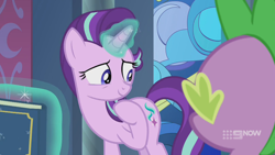 Size: 1280x720 | Tagged: safe, screencap, spike, starlight glimmer, dragon, pony, unicorn, g4, memories and more, spoiler:memories and more, spoiler:mlp friendship is forever, 9now, book, duo, levitation, magic, magic aura, scrapbook, smiling, telekinesis, winged spike, wings