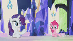 Size: 1280x720 | Tagged: safe, screencap, pinkie pie, rarity, earth pony, pony, unicorn, g4, memories and more, my little pony: friendship is forever, 9now, duo, sitting, smiling
