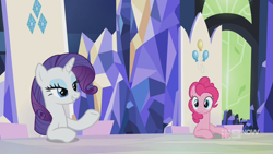 Size: 1280x720 | Tagged: safe, screencap, pinkie pie, rarity, earth pony, pony, unicorn, g4, memories and more, my little pony: friendship is forever, 9now, bedroom eyes, duo, mid-blink screencap, sitting, smiling, smug