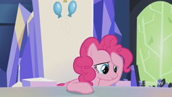 Size: 1280x720 | Tagged: safe, screencap, pinkie pie, earth pony, pony, g4, memories and more, spoiler:memories and more, spoiler:mlp friendship is forever, 9now, female, mare, sitting, solo, worried