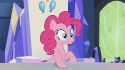 Size: 1280x720 | Tagged: safe, screencap, pinkie pie, earth pony, pony, g4, memories and more, spoiler:memories and more, spoiler:mlp friendship is forever, 9now, female, mare, sitting, solo, surprised