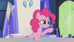Size: 1280x720 | Tagged: safe, screencap, pinkie pie, earth pony, pony, g4, memories and more, spoiler:memories and more, spoiler:mlp friendship is forever, 9now, female, mare, pointing, sitting, solo