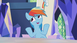 Size: 1280x720 | Tagged: safe, screencap, rainbow dash, pegasus, pony, g4, memories and more, spoiler:memories and more, spoiler:mlp friendship is forever, 9now, female, hooves up, mare, mid-blink screencap, sitting, solo, who cares