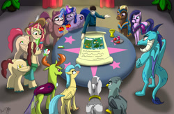 Size: 1600x1044 | Tagged: safe, artist:cactuscowboydan, amira, gabby, haakim, princess ember, princess skystar, thorax, zecora, oc, oc:king calm merriment, oc:king speedy hooves, oc:queen galaxia (bigonionbean), oc:queen motherly morning, oc:tommy the human, alicorn, changedling, changeling, classical hippogriff, dragon, griffon, hippogriff, human, pony, saddle arabian, zebra, g4, my little pony: the movie, adult, alicorn oc, alicorn princess, apple, apple pinkie, aunt and nephew, butt, card game, changeling king, clothes, commissioner:bigonionbean, crown, cup, cutie mark, dragoness, extra thicc, father and child, father and son, female, flank, food, fruit, fusion, fusion:applejack, fusion:big macintosh, fusion:cheese sandwich, fusion:donut joe, fusion:fancypants, fusion:flash sentry, fusion:pinkie pie, fusion:princess cadance, fusion:princess celestia, fusion:princess luna, fusion:rainbow dash, fusion:shining armor, fusion:soarin', fusion:sunset shimmer, fusion:trouble shoes, fusion:twilight sparkle, future, glasses, hat, horn, human oc, husband and wife, jewelry, king thorax, magic, male, map, map of equestria, mare, mother and child, mother and son, plot, regalia, scroll, stallion, suit, table, the ass was fat, uncle and nephew, uno, wings, writer:bigonionbean