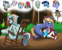 Size: 1500x1213 | Tagged: safe, bow hothoof, cloudy quartz, gentle breeze, igneous rock pie, night light, posey shy, twilight velvet, windy whistles, oc, oc:aerial agriculture, oc:earthing elements, oc:tommy the human, alicorn, earth pony, human, pegasus, pony, unicorn, g4, alicorn oc, butt, clothes, commissioner:bigonionbean, cup, extra thicc, female, flank, forest, fusion, fusion:bow hothoof, fusion:cloudy quartz, fusion:gentle breeze, fusion:igneous rock pie, fusion:night light, fusion:posey shy, fusion:twilight velvet, fusion:windy whistles, glasses, grandfather and grandchild, grandfather and grandson, grandmother and grandchild, grandmother and grandson, grandparents and grandchildren, hair bun, hat, horn, human oc, husband and wife, juice, lemonade, magic, male, necktie, nuzzling, parent:cloudy quartz, parent:posey shy, parent:twilight velvet, parent:windy whistles, petting, plot, rocking chair, squishy cheeks, straw, stuck, the ass was fat, thought bubble, wings, writer:bigonionbean