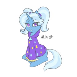 Size: 1200x1200 | Tagged: safe, artist:melliedraws, gameloft, trixie, pony, unicorn, g4, alternate hairstyle, babysitter trixie, clothes, female, gameloft interpretation, heart nostrils, jacket, looking at you, mare, pigtails, simple background, sitting, solo, twintails, white background