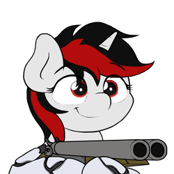Size: 3500x3500 | Tagged: safe, artist:ljdamz1119, oc, oc only, oc:blackjack, cyborg, pony, unicorn, fallout equestria, fallout equestria: project horizons, cyber legs, fallout, fanfic art, gun, high res, shotgun, simple background, smiling, solo, transparent background, weapon